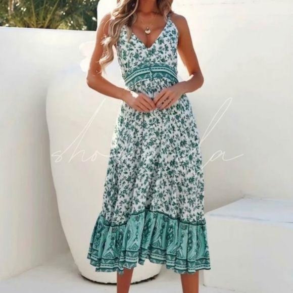 Dresses & Skirts - Boho Gypsy Floral Print Maxi Dress Turquoise Blue